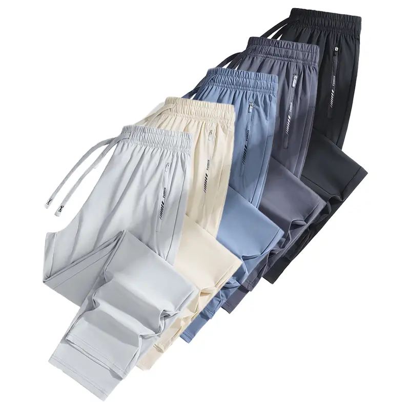 Men’s ice silk casual jogging pants — crafted from lightweight, breathable fabric with moderate stretch and an elastic waistband, featuring a straight cut with pockets — solid-color outdoor leisure sports pants, machine washable, comfortable and form-fitt