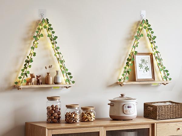 RICHER HOUSE Artificial Ivy LED-Strip Wall Hanging Shelves, Macrame Shelf for Bedroom Bathroom Living Room Kitchen, Wood Hanging Plant Shelves for Wall Décor RICHER HOUSE Artificial Ivy LED-Strip Wall Hanging Shelves, Macrame Shelf for Bedroom Bathroom Living Room Kitchen, Wood Hanging Plant Shelves for Wall Décor