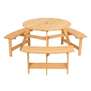 COSTWAY - Kids Outdoor Wooden Picnic Table and Bench Set with Umbrella Hole-Natural