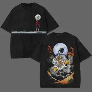 Limited Retro Oversized Vintage One Piece Gear 5 Luffy Washed T Shirt Anime Manga Graphic Tee Sun God Nika Moonlight Design Unisex Streetwear Heavyweight Cotton T Shirt Cool Anime Shirt for Men and Women Unique Gift for One Piece Fans