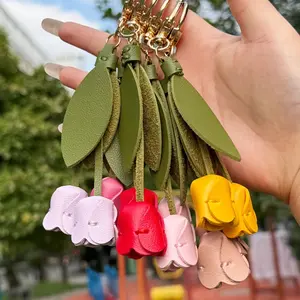 1pc Women's Keychain Compatible for Handbags/Purses - Cute Flower Key Ring with Round Ring Loop, Colorful PU Leather Tulip Bulb Charm, Daily Accessory for Keys,, Cards - Stylish Accessory