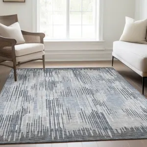 HomeRoots 671024 Stripes Area Rugs, 10x14 ft. Gray & Silver Striped Transitional Machine-Made Washable Rectangle Rug with UV Protection