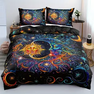 2/3 piece sun moon star pattern soft and comfortable duvet cover, black psychedelic mysterious galaxy, (1 * duvet cover + 1/2 * pillowcase, excluding quilt core pillow core)