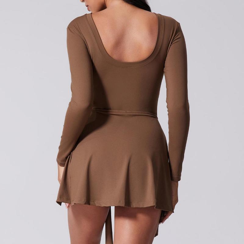 Kabuer Women's Black Long Sleeve Tennis Dress with Ruffle Side Slit & Built-in Shorts for Yoga Golf Athletic Activities Homecoming Dress Activewear Machine Washable High Stretch Knit Fabric