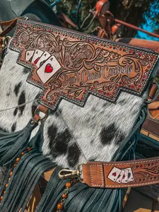Don’t Chase Cowboys a Haute Southern Hyde by Beth Marie Exclusive Cowhide Fringe Tooled Purse