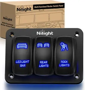 Nilight 3-Gang 5-Pin SPST ON/OFF Rocker Switch Panel - Blue LED Illuminated, Aluminum+ABS Build, Laser Etched, Easy Installation, Ambient Lighting for ATV, Motorcycle
