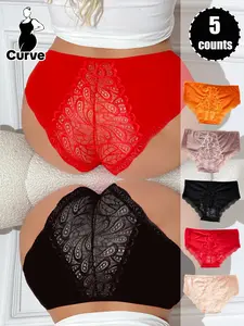 【Plus Size】 Contrast Lace Panty, Trim Lace Panty, Soft Comfy Breathable Briefs, Soft Breathable Knicker for Daily Wear, Women's Underwear for All Seasons