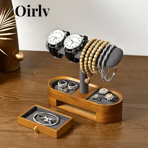 Oirlv Solid Wood Watch Stand Men's Luxury Watch Organizer T-Bar Wristwatch Holder with Ring Tray Premium Jewelry Display for Nightstand