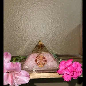 Rose Quartz Orgonite Pyramid with Copper Spiral for Energy Healing and Meditation