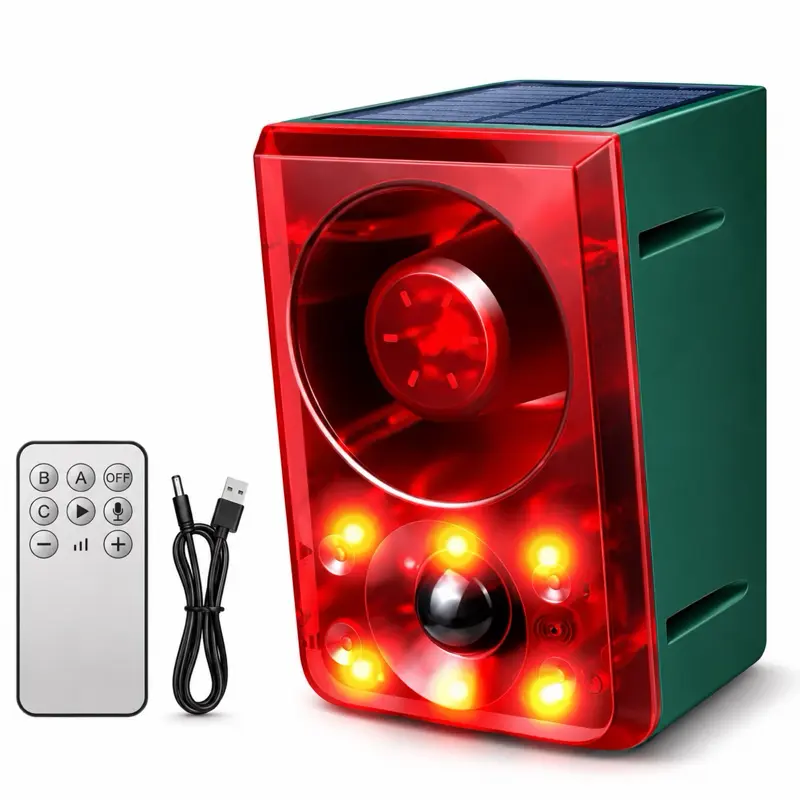 Solar Outdoor Motion Sensor Security Alarm - 130dB Loud, 13 Sound Options (Dog Barking, Gunshot), Recording Support, Strobe Light for Deterring Raccoons, Deer