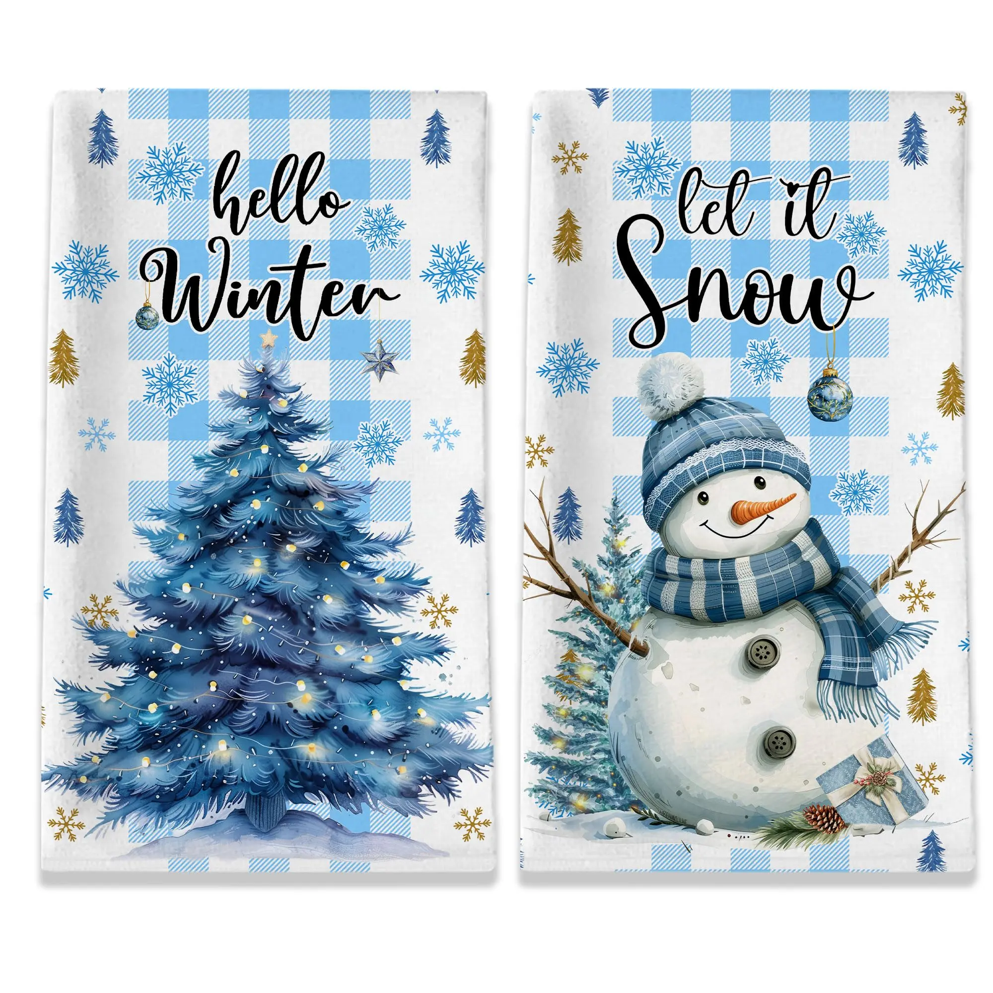 Winter Kitchen Towels, Snowman Towels Set of 2, Christmas Tree Let It Snow Dish Hand Towels with Snowflakes and Cardinal, Blue White Buffalo Plaid Seasonal Gifts Decorations for Home, 18x26 Inches
