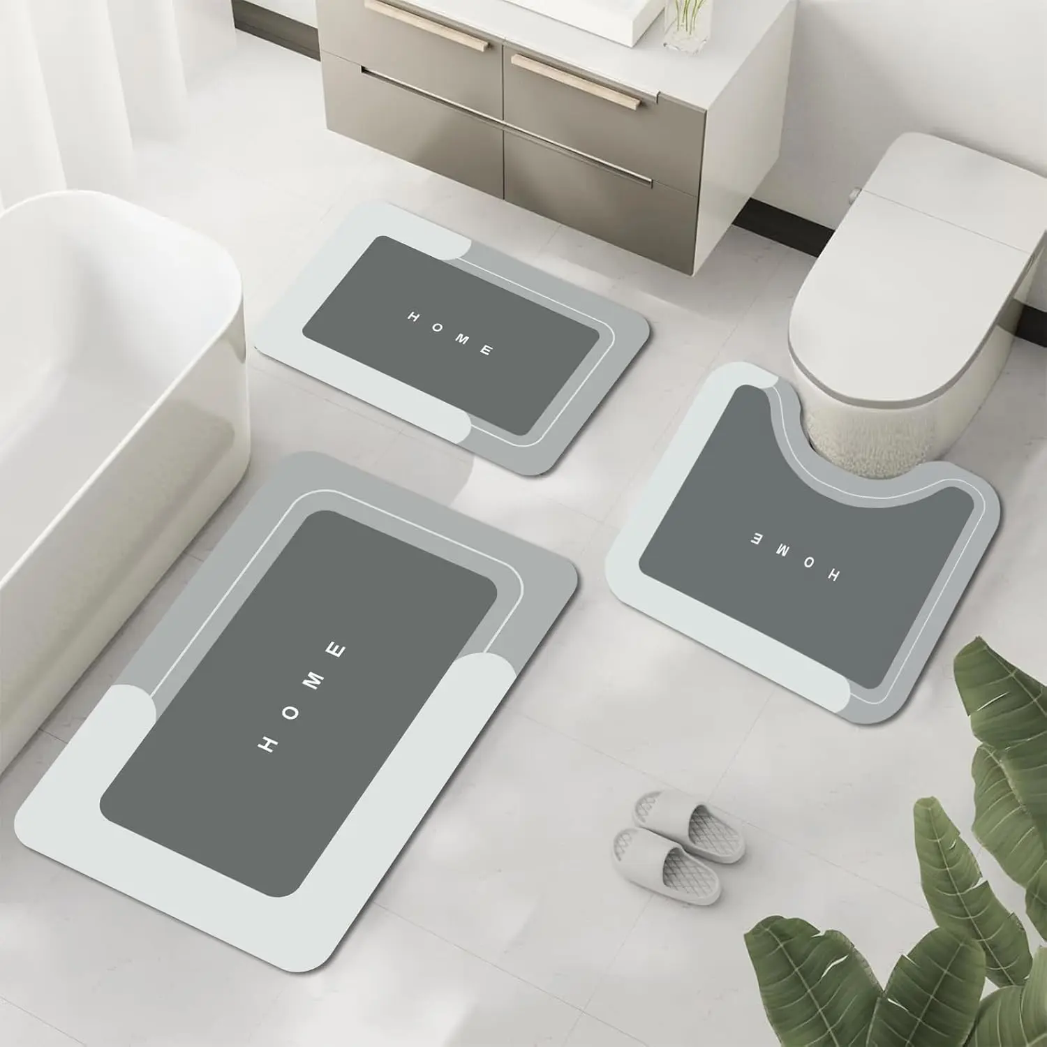 3Pcs Rectangular Minimalist Grey Bathroom Rugs Set - Non-Slip Diatomite Shower Mat, Soft Absorbent Quick-Dry Washable Floor Mat, Stylish Restroom Decor for Toilet, Shower Area