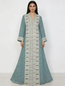 Women Muslim Outfits Long Robe Dress Belt Embroidery Sequins Patchwork Abaya Fashion Ethnic Style Evening Gown Eid High-End Holiday V-Neck Long Sleeve