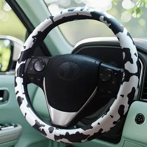 Universal Steering Wheel Cover for Women 14.5-15inch Car Accessories Cowhide Printed Western Leather Anime Black and White Cute Steering Wheel Cover Non-Slip Car Protective Cover Suitable for Men