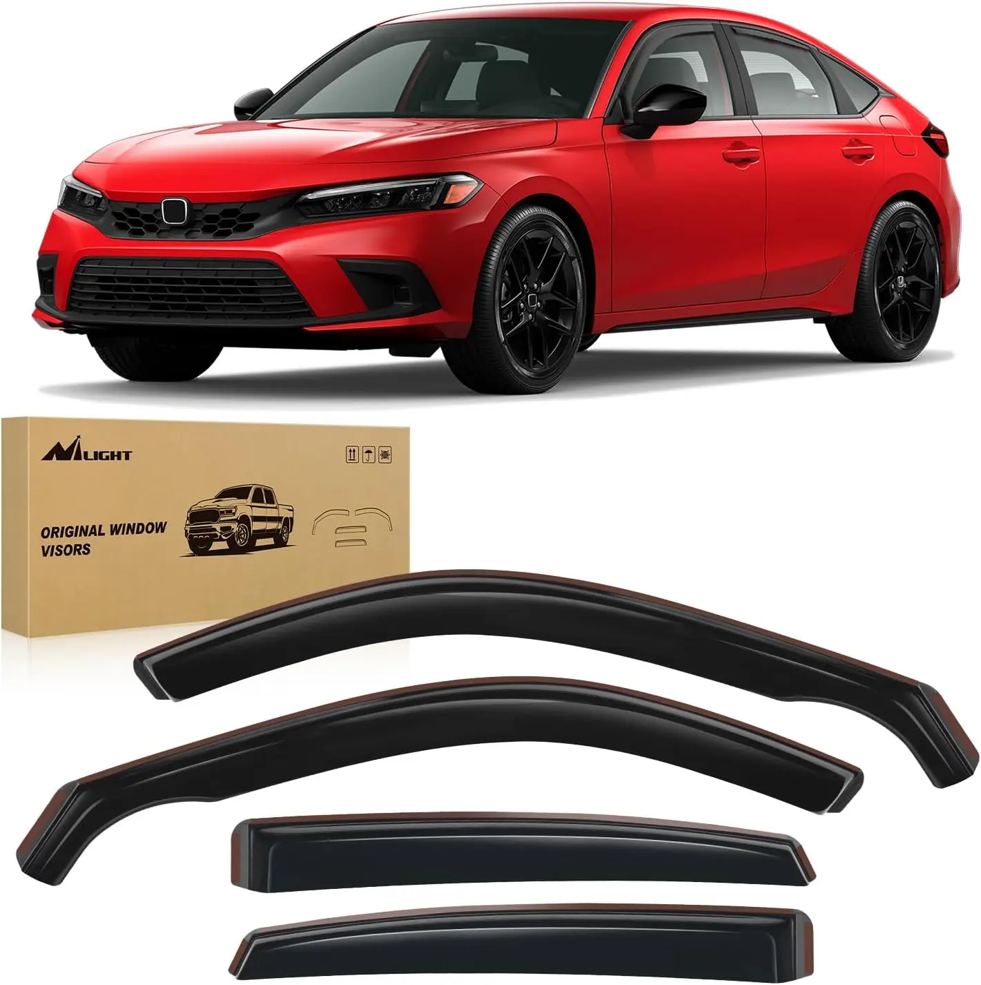 Nilight 4 Pcs In-Channel Durable Rain Guards - Window Deflectors with 78in Double-Sided Tape for Honda Civic Hatchback HB LX Sport Touring EX-L 2022-2024, Sun Visor, Car Accessories, Vehicle Accessories, Car Exterior Auto Parts