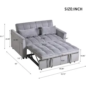Sofa Bed, Futon Loveseat Sleeper Sofa with Pull Out Bed, Pockets and Pillows, 2 Seater Convertible Small Couch for Living Room Bedroom Apartment (Grey, Velvet)