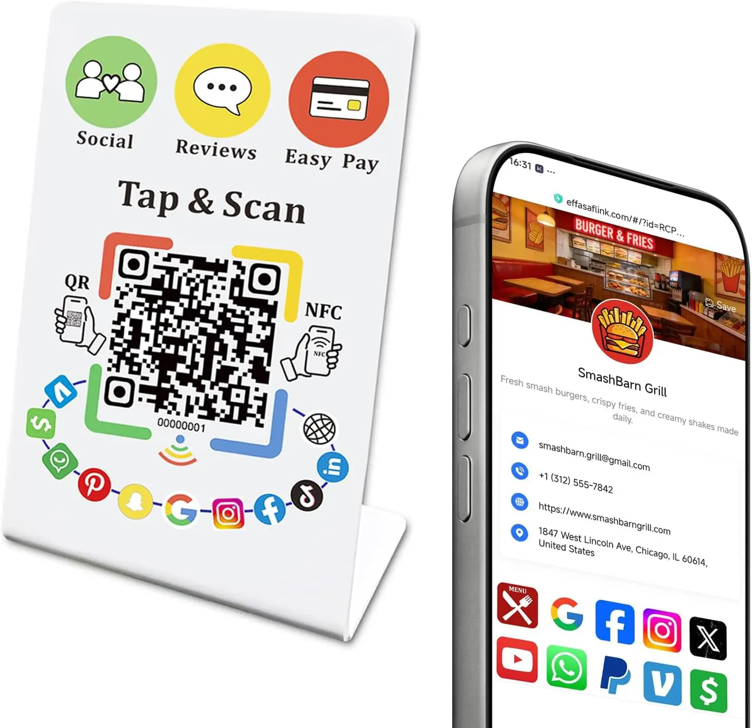 Plastic Desktop Stand with QR Code & NFC Chip - Digital Storefront for Businesses, Customizable Contactless Link to Reviews, Social Media & Payment
