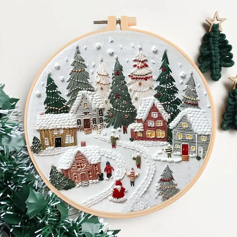 Christmas Snow Landscape Pattern DIY Embroidery Kit, 1 Set Embroidery with Hoop Suture Practice Kit for Adults, Handmade Unfinished Products Gifts, Handicraft, Christmas, Christmas Gift, Embroidery Craft