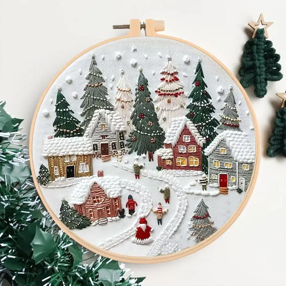 Christmas Snow Landscape Pattern DIY Embroidery Kit, 1 Set Embroidery with Hoop Suture Practice Kit for Adults, Handmade Unfinished Products Gifts, Ch
