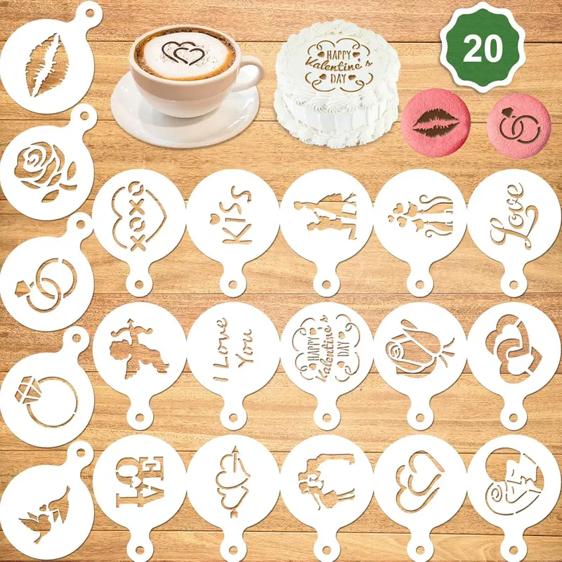 20Pack Valentine's Day Cake Stencil Templates Decoration, Reusable Valentine's Day Cake Cookies Baking Painting Mold Tools, Dessert, Coffee Decorating Molds Cappuccino Mousse Hot Chocolate