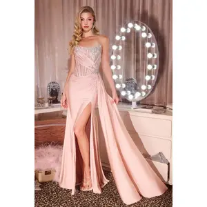 Cinderella Divine -CD689 Fitted gown with asymmetrical strapless neckline and hand-beaded detailing crafted from soft stretch satin.