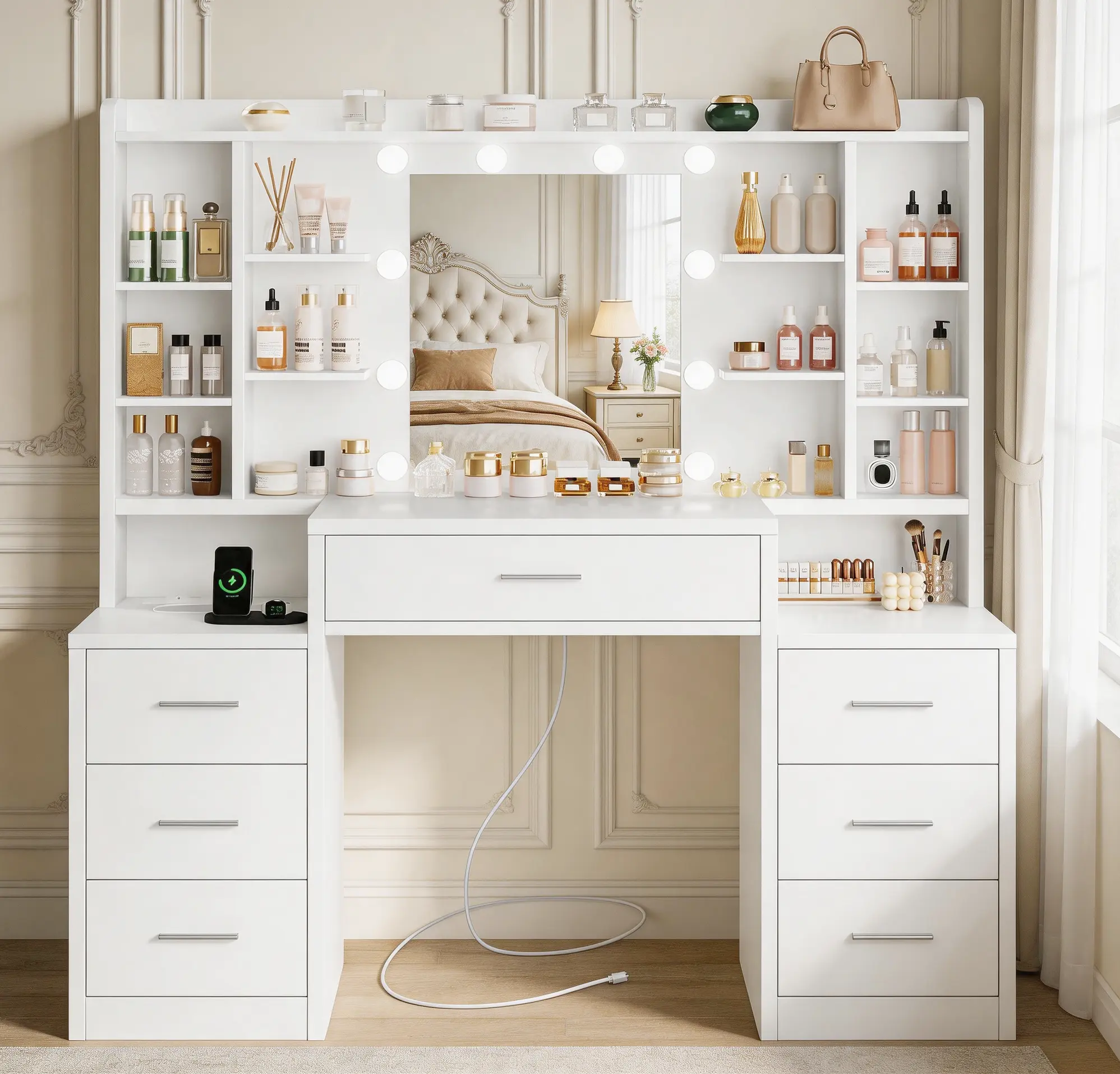 Large Morden Vanity Desk with LED Lights Mirror & Power Outlet Makeup Vanity Table with 7 Drawers and Open Shelves White Vanity for Girls Bedroom campingessentials