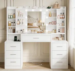 Large Morden Vanity Desk with LED Lights Mirror & Power Outlet Makeup Vanity Table with 7 Drawers and Open Shelves White Vanity for Girls Bedroom