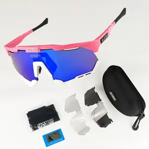 Sports Sunglasses Complete Set with Two Interchangeable Replacement Lenses Sleek Pink Frame Blue-Purple Mirrored Coating Protective Case and Accessories for Cycling Running and Outdoor Activities