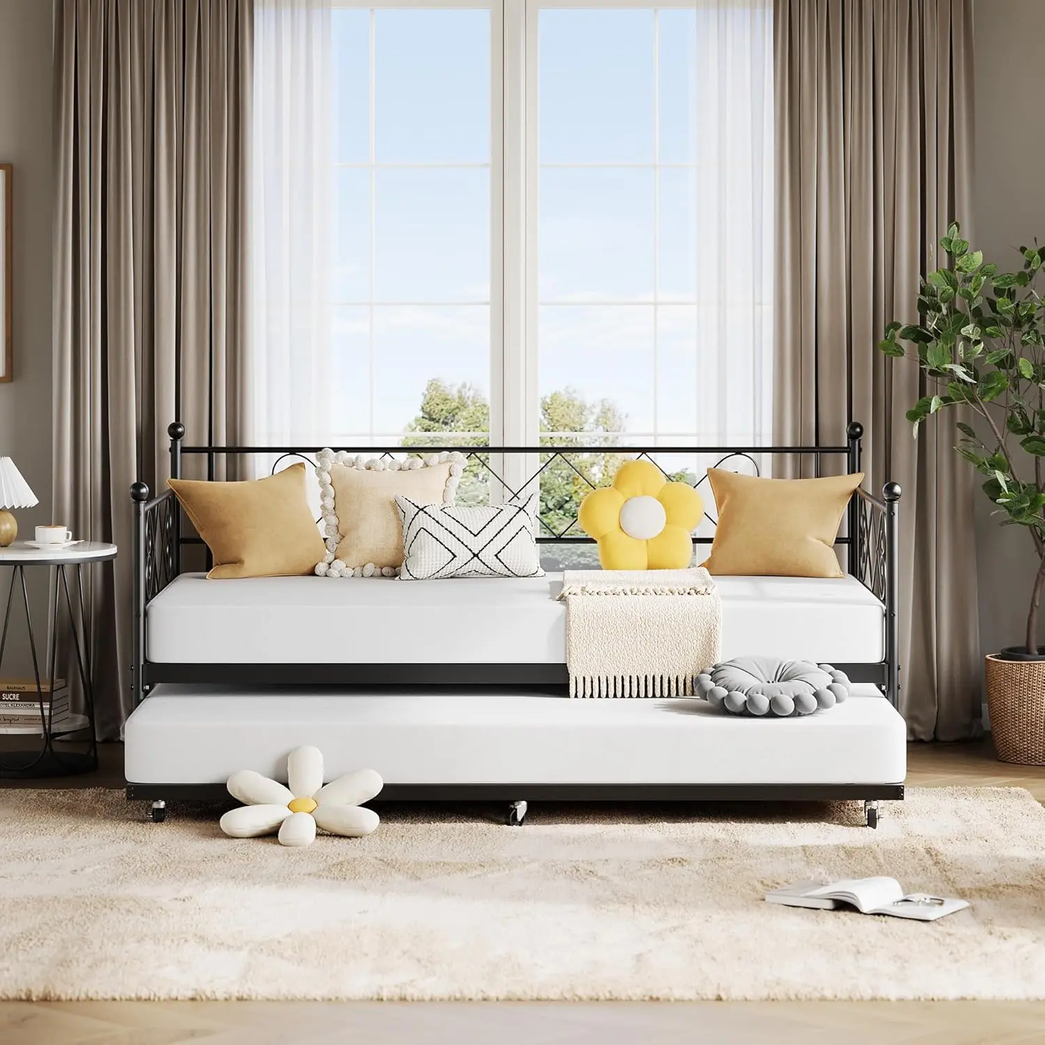 Gaomon Minimalist Twin Iron Daybed Frame with Wheeled Trundle Pull-Out Bed, Headboard, Metal Slats - 300-349 Lb Capacity, Assembly Required Multifunctional Platform Sofa Bed for Bedroom, Living Room