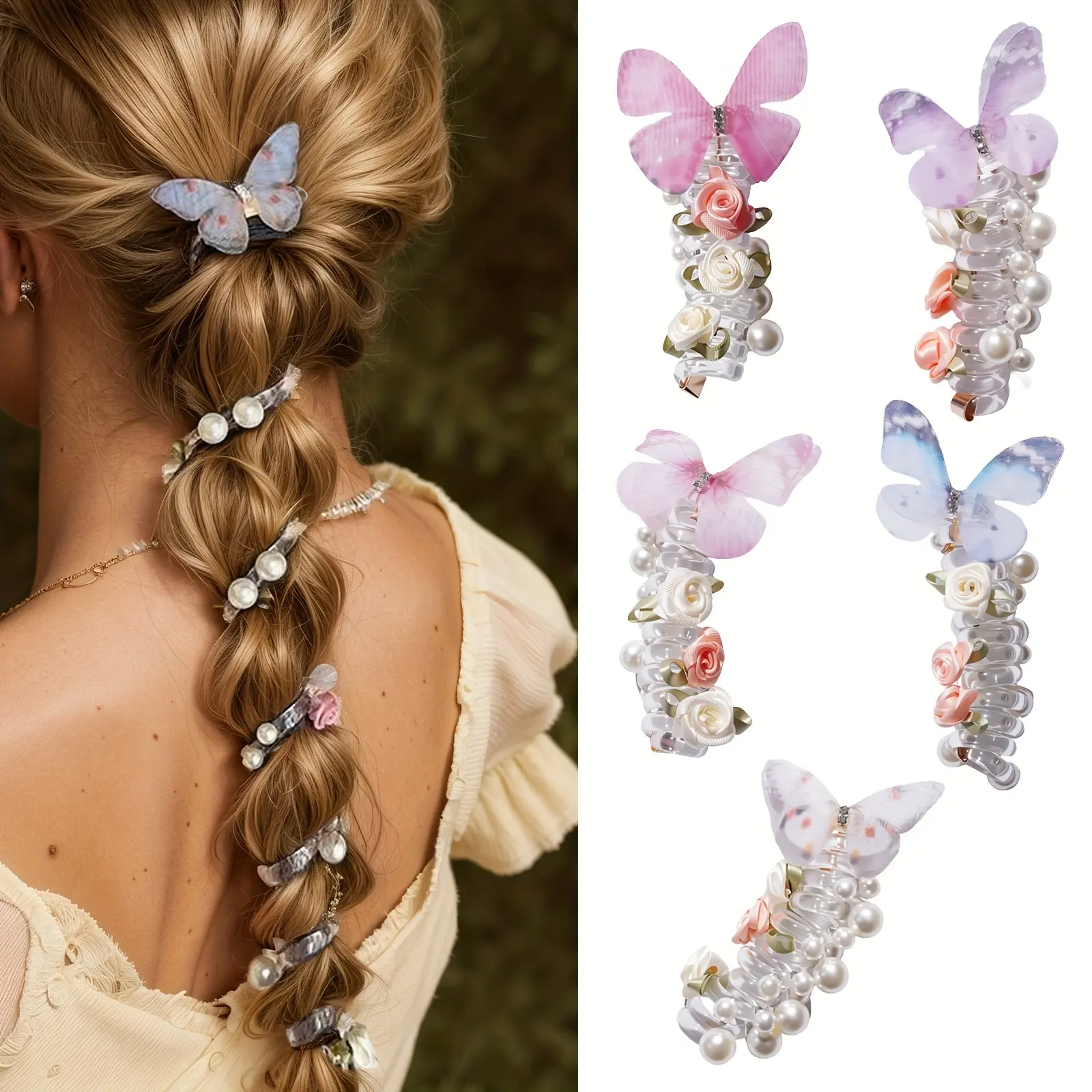 Women's High Elastic Butterfly Hair Ties, Fairy-Style Bubble Braid Bands, Y2K Cute Whimsical Accessories for Daily Wear & Parties, 5-Pack for Sweet Hairstyles & Photos