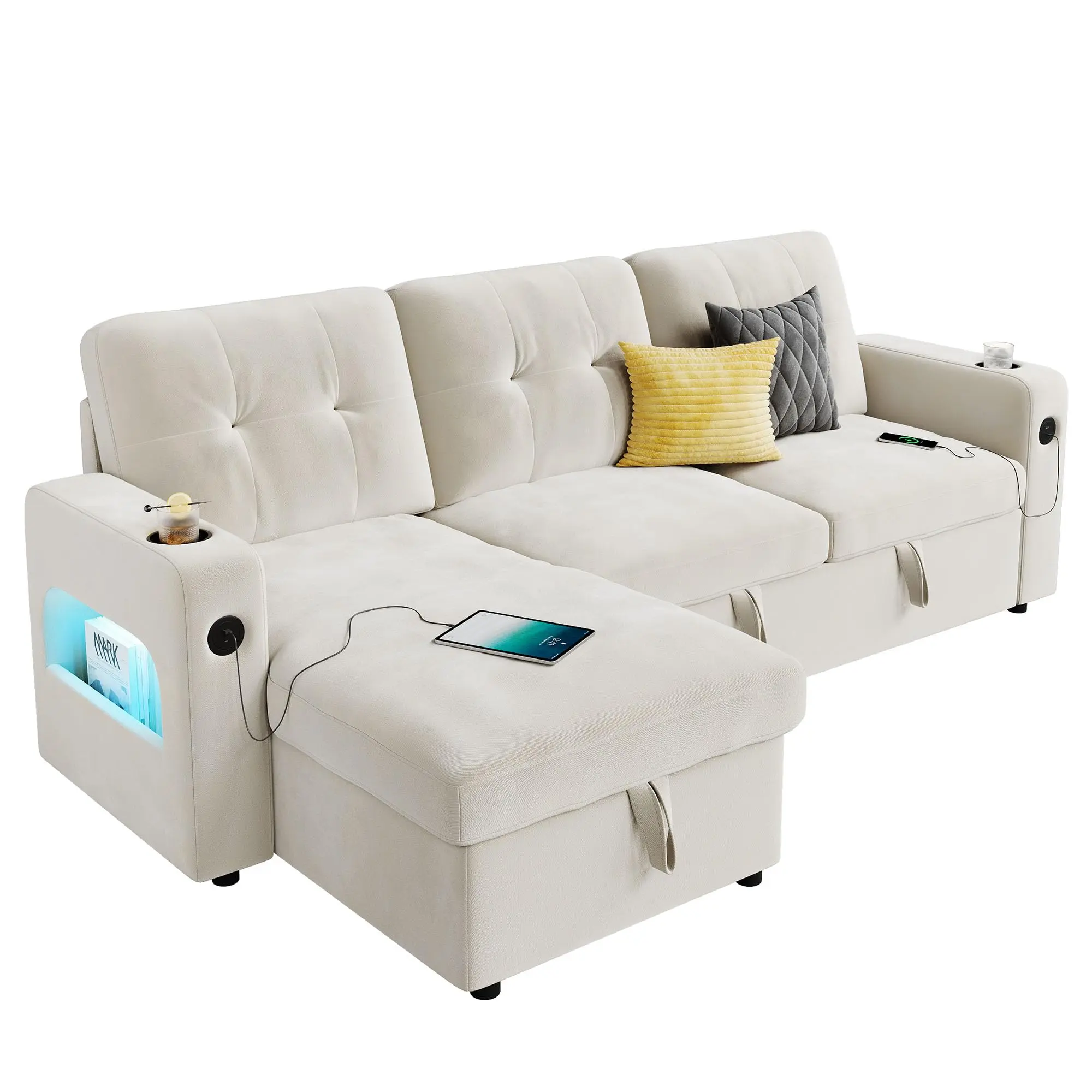 84" Modern Sofa Couch, 3 Seater Upholstered Sleeper Sofa Bed with Pull Out Bed & Storage, Deep Seat Sofa Couch for Living Room Bedroom Apartment