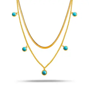 18K Gold Plated Stainless Steel Turquoise Jewelry Set for Women – Double Layer Snake Chain Necklace & Matching Bracelet Set, Boho Western Beach Vacation Jewelry Gift for Mom Wife Girlfriend Bridesmaid