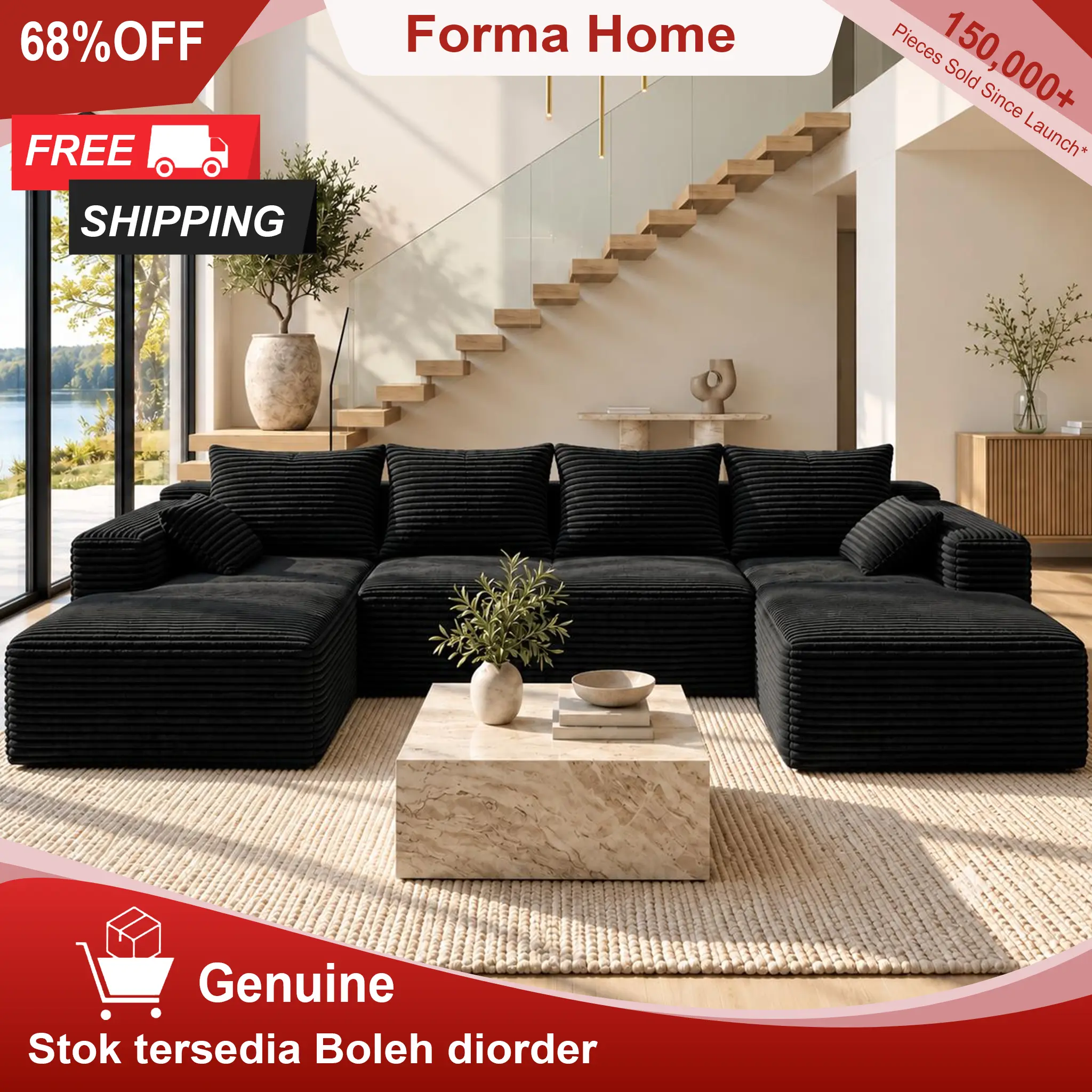 130" / 94" Corduroy Modular Cloud Couch, U-shaped/L-shaped sectional sofa with foam and spring support, flexible configurations, no assembly required for living room【1-2 packages】