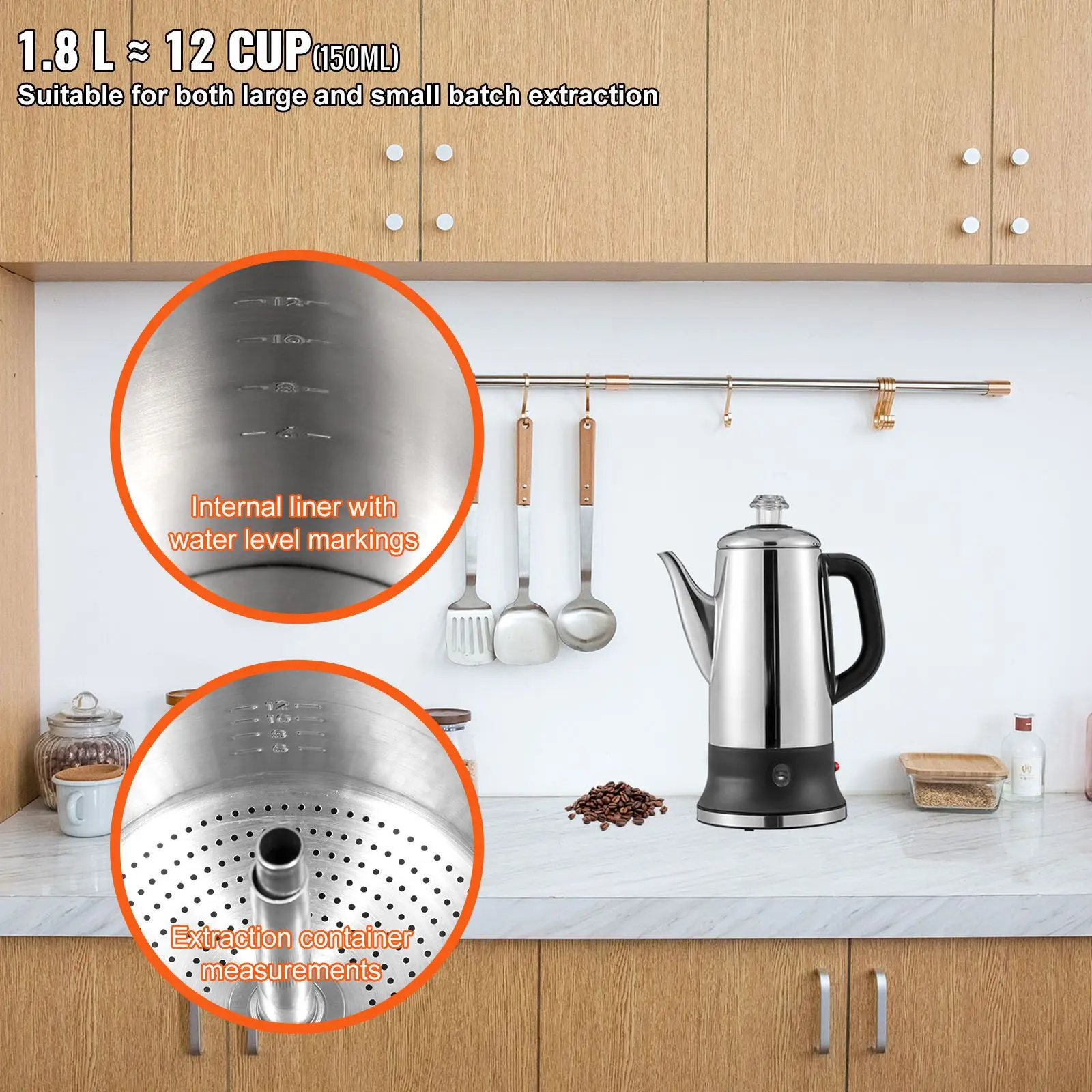 12-Cup Electric Percolator Coffee Pot, 304 Stainless Steel Coffee Percolator with Keep Warm Function & Heat-Resistant Handle, Classic Coffee Maker, Quick Brew & Easy-Pour Spout, Silver