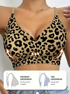Women's Sexy Leopard Print Stretch Sports Bra, Gym Bra, V Neck Wave Edge Lingerie, Yoga Fitness Casual Wear, Comfortable and Stylish, Strappy Workout Bra