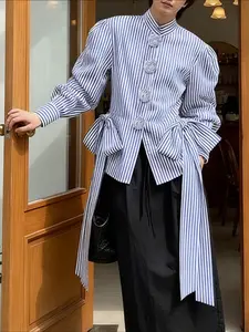 INCERUN Men Basic Striped Shirt Flower Decoration Stand Collar Long Sleeve Bowknot Men Clothing Streetwear Fashion Casual Tops Camisas