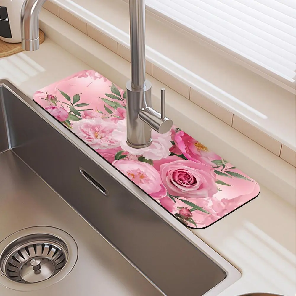 Floral Pattern Flowers Faucet Mat, 1 Count Waterproof Durable Rubber Splash Guard, Splatter Guard, Non-slip Kitchen Sink Mat, Suitable for Kitchen Sink and Dining Table, Household Items, Splash Pad