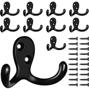 Heavy Duty Double Prong Metal Hook Wall Mounted - 10-Pack Coat Hooks for Living Room, Bathroom, Kitchen, Bedroom - Black