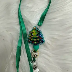 Christmas Tree Badge Reel Lanyard with Colorful Lights and Green Ribbon Design