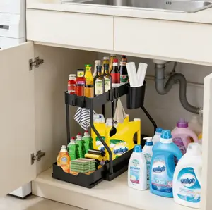 Space-Saving 2-Tier Under Sink Sliding Organizer with Pull-Out Basket for Kitchen Bathroom Laundry Corner Clear Cosmetic Rack Collapsible Multifunctional Storage Bins Rolling Three-Tier Cart Magnetic Spice and Drink Set