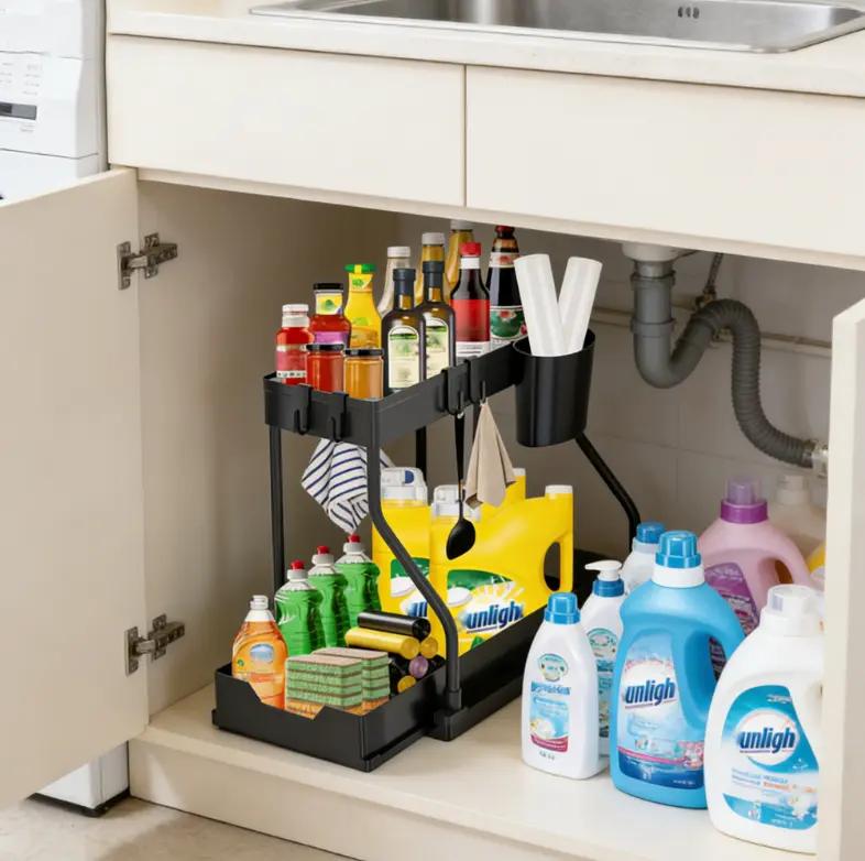 Space-Saving 2-Tier Under Sink Sliding Organizer with Pull-Out Basket for Kitchen Bathroom Laundry Corner Clear Cosmetic Rack Collapsible Multifunctional Storage Bins Rolling Three-Tier Cart Magnetic Spice and Drink Set