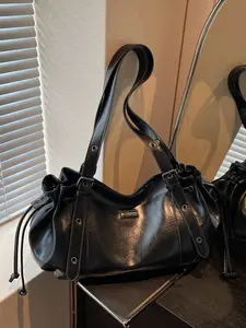 Elegant atmosphere pleated fashionable drawstring handbag, retro style exquisite versatile texture shoulder bag, with adjustable wide shoulder strap design, suitable for parties, commuting, shopping, dating, Vintage shoulder bag, Handbag Shoulder Purse