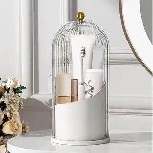 Dustproof Toothbrush Holders with Cover, Rotating Electric Toothbrush and Toothpaste Holder for Bathroom Countertop, 3 Slots Makeup Brushes Organizer, Grey White