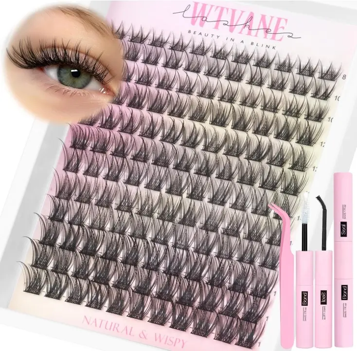 Lash Clusters Kit Wispy Cluster Eyelash Extensions Kit Natural Lash Extension Kit Natural Look Eyelash Clusters Wispy False Eyelashes with Lash Bond and Seal, Tweezers