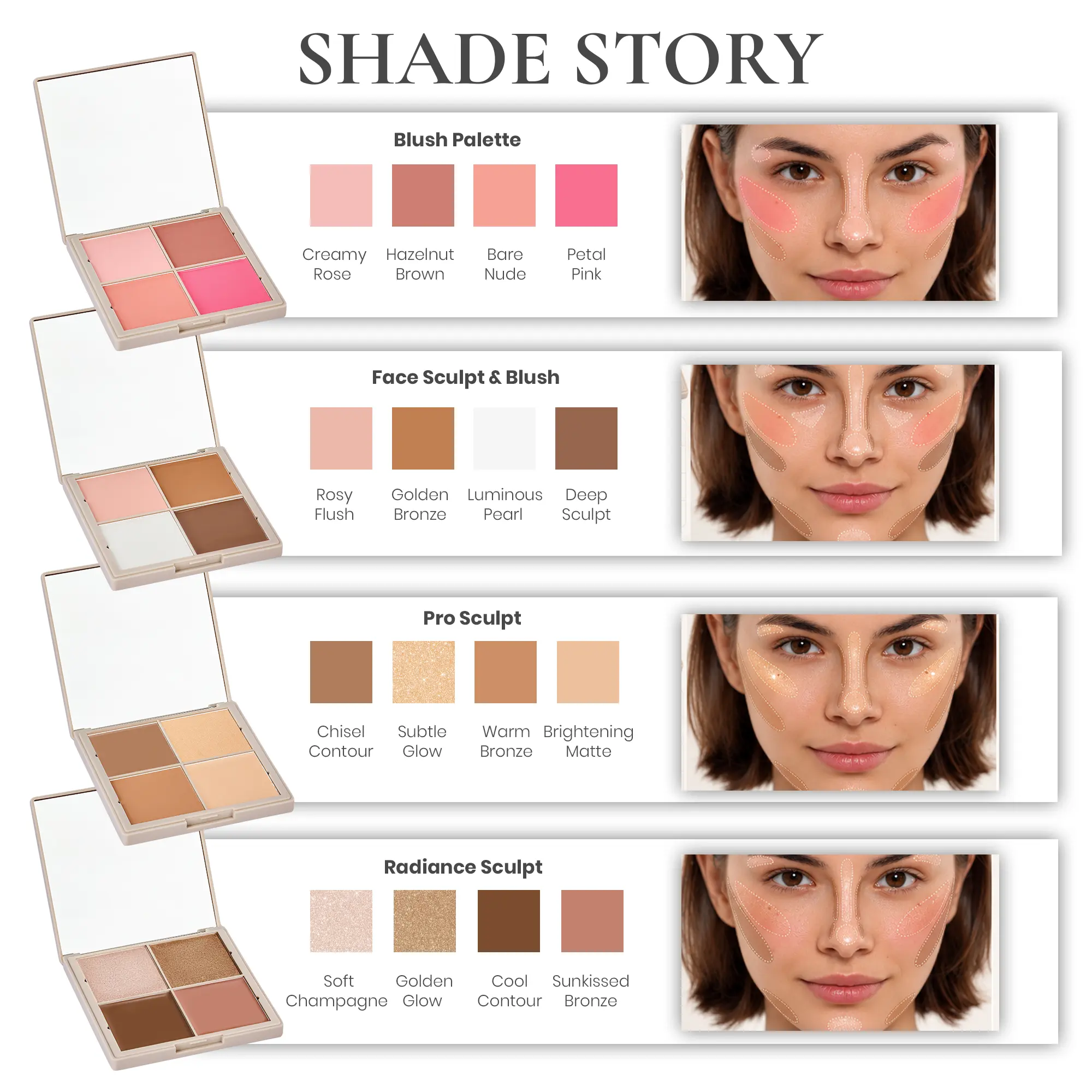 RUBY VIBE CO 4 Shade Blush Makeup Palette, Contour Palette with Powder Blush, Face Highlighter & Makeup Bronzer, Blendable Contour Powder for Sculpting, Highlighting & Everyday Wear