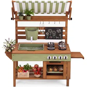 Best Choice Products Deluxe Wooden Outdoor Mud Kitchen for Kids w/ Canopy, Water Tank, Faucet & 11pc Accessories