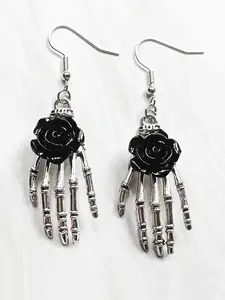 1pair Trendy Gothic Rose Skeleton Hand Earrings, Retro Exaggerated Earrings, Punk Style Earrings