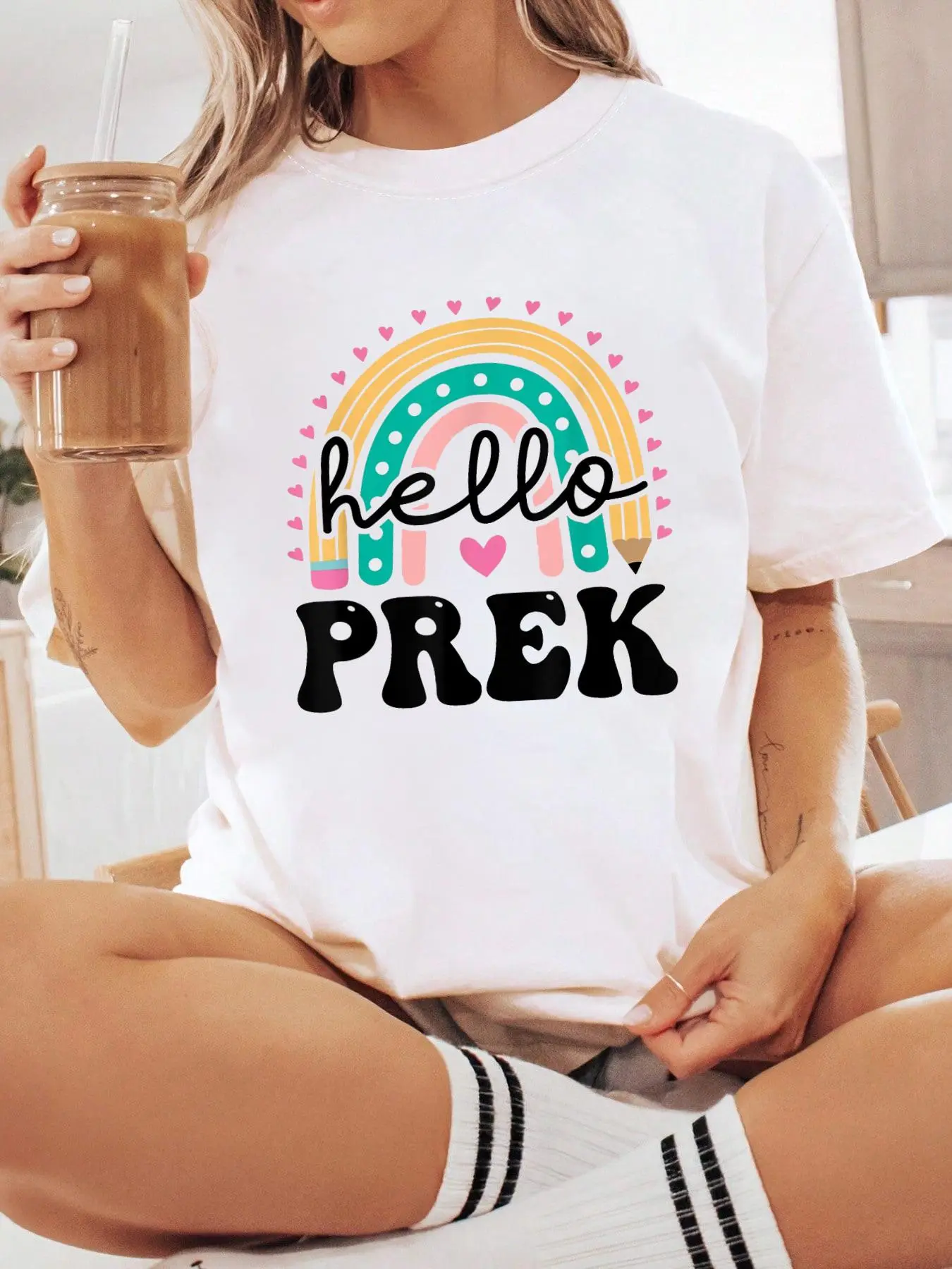 100% Cotton Unisex Hello Prek Rainbow Pre-k first day back to school T-Shirt Short Sleeve T-Shirt Women's Men's Graphic Tee Causal Tops
