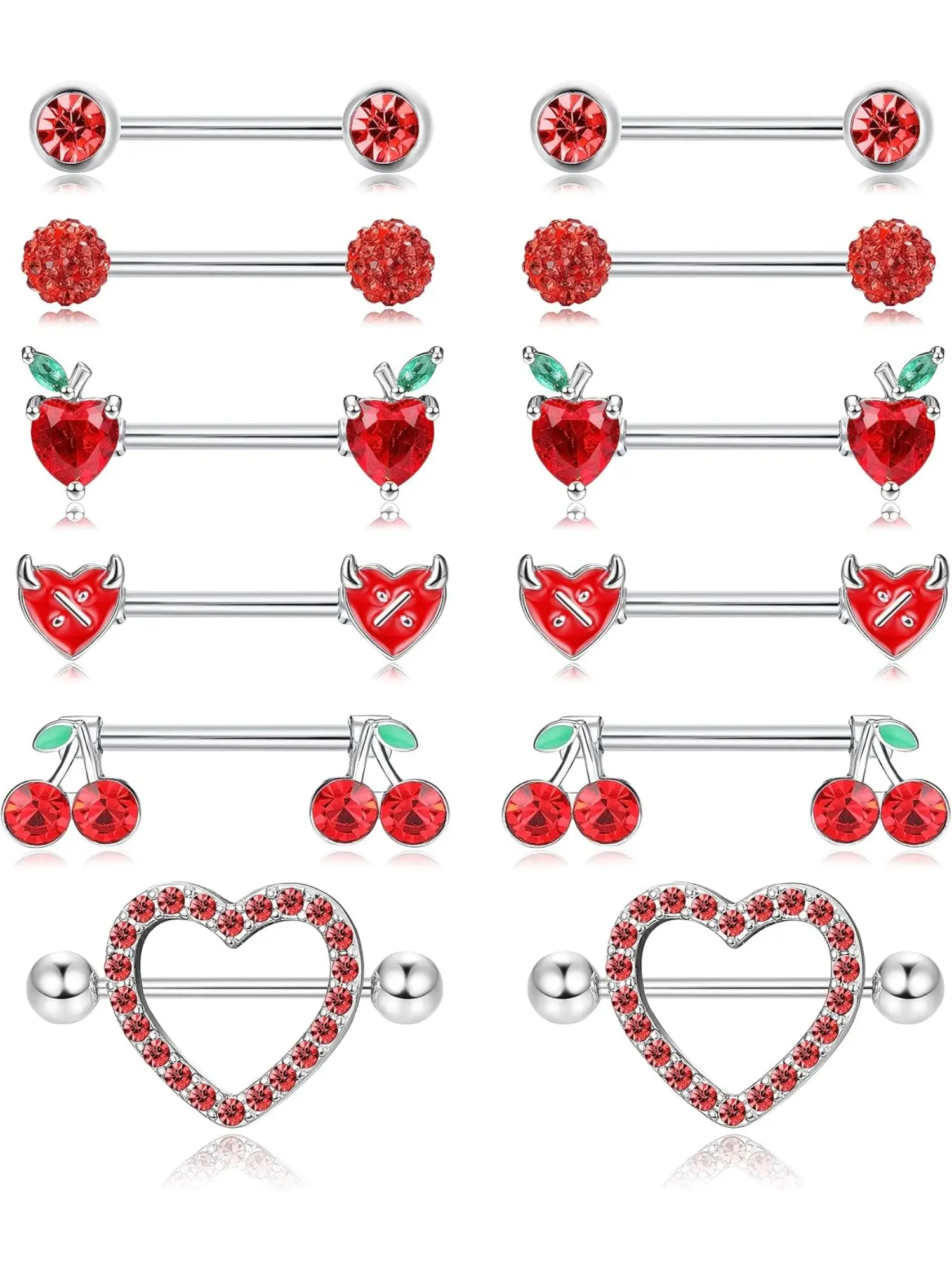 Cute 6 Pairs Red Body Piercing Jewelry Set 304 Stainless Steel Nipple Rings for Women Men 14G Sweet Heart Butterfly Moon CZ Flower Barbell Nipple Rings Set Cute Nipple Rings Piercing Jewelry Body Jewellery