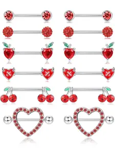 Cute 6 Pairs Red Piercing Jewelry Set 304 Stainless Steel Nipple Rings for Women Men 14G Sweet Heart Butterfly Moon CZ Flower Barbell Nipple Rings Set Cute Nipple Rings Piercing Jewelry